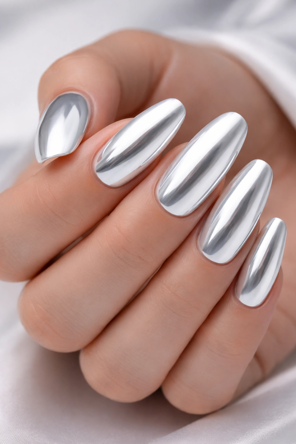 White chrome finish on long oval nail extensions