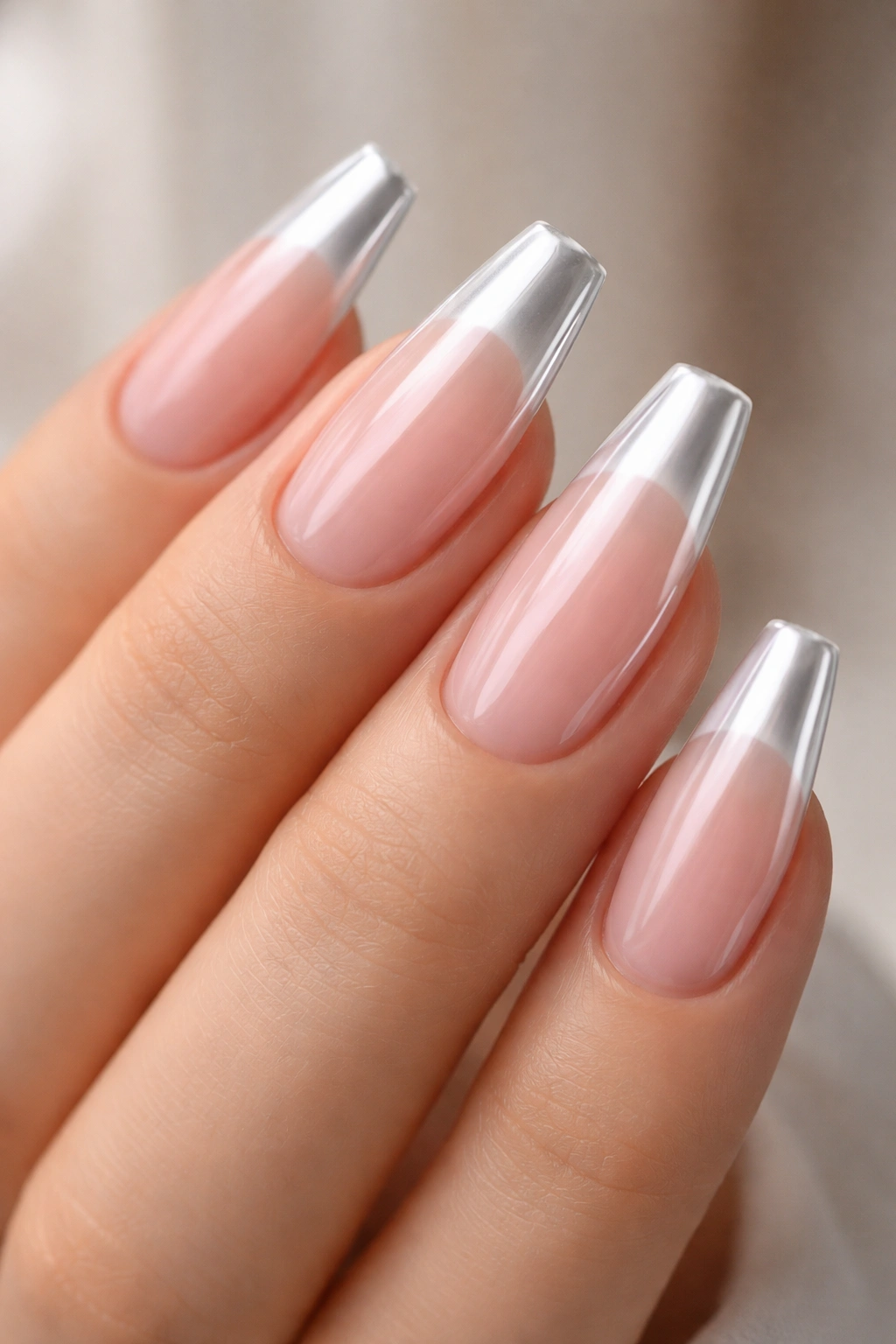 White chrome tips on a sheer pink base ballerina nails