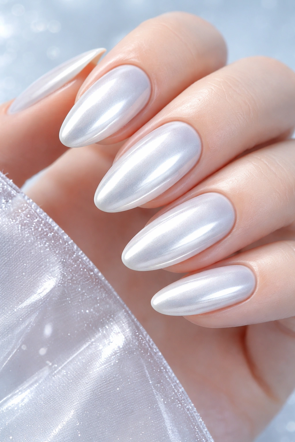 White chrome nails with porcelain finish