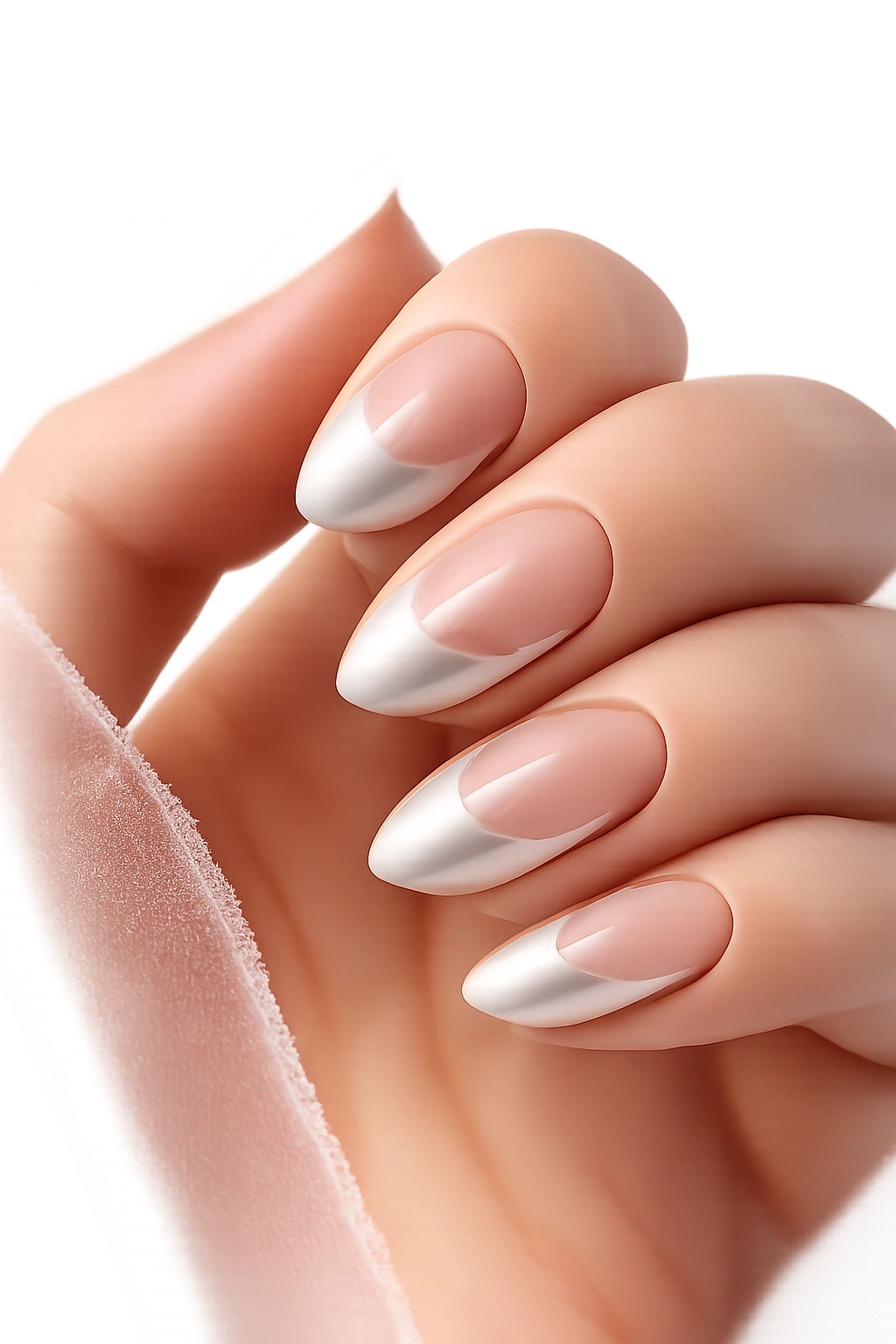 Short almond nails with white chrome leaving negative space on nude base
