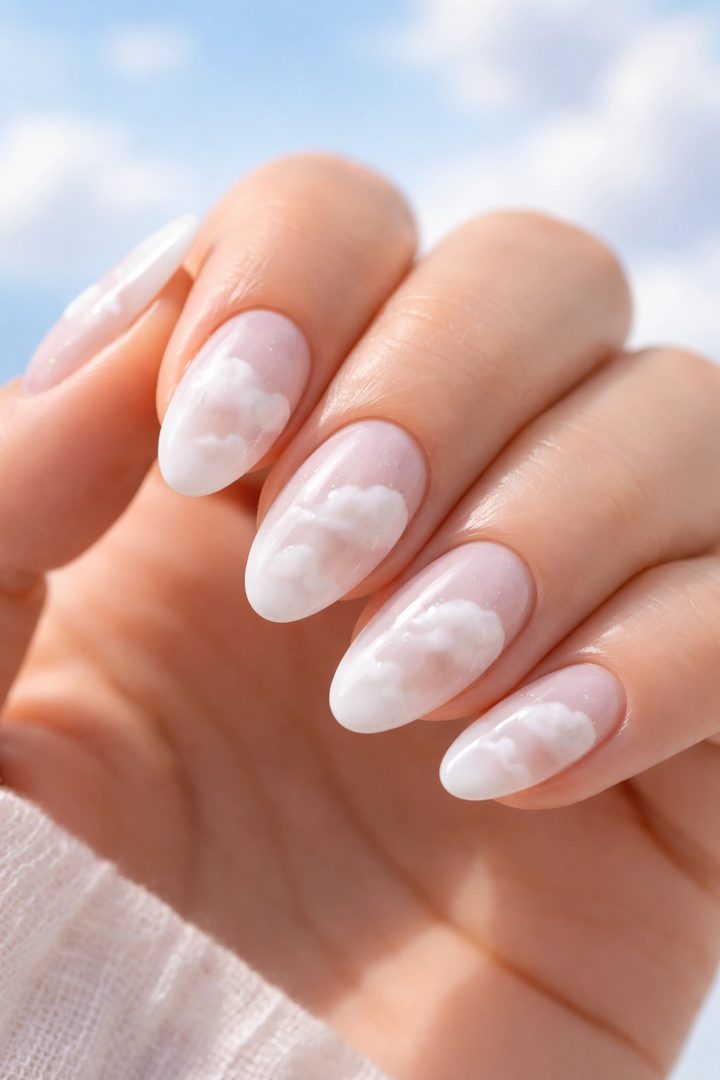 White cloud nail art on short almond nails