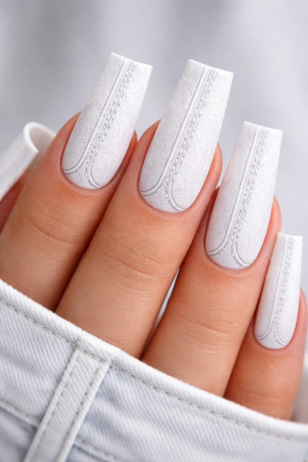 Close-up of elongated duck nails in crisp white denim with subtle texture