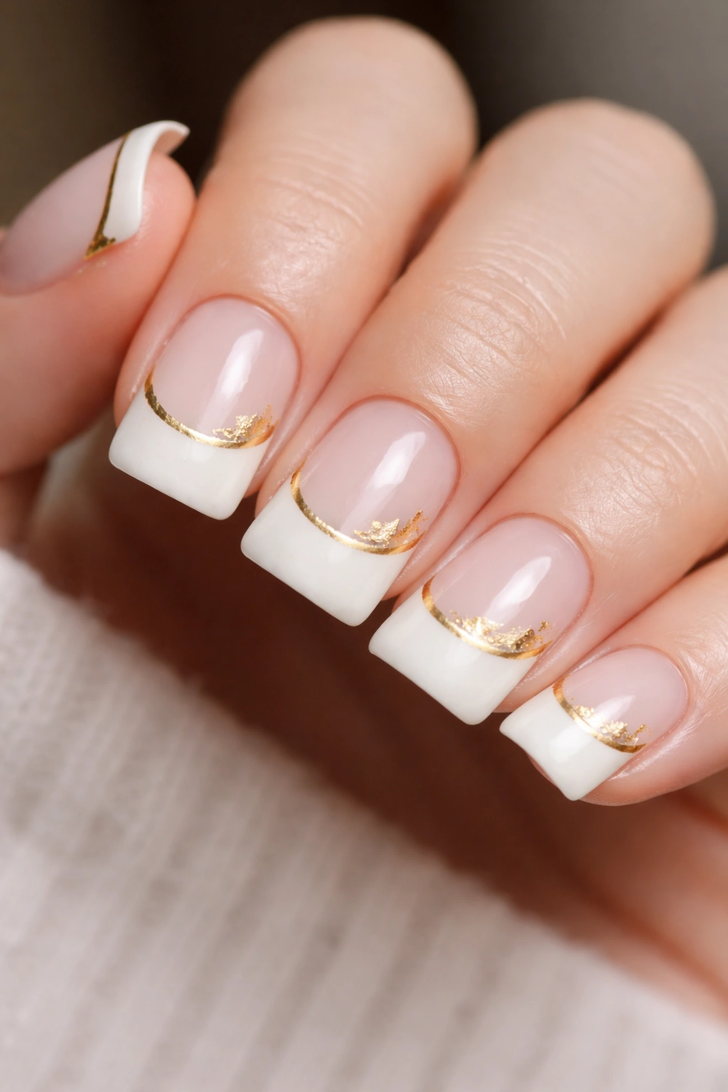 Close-up of white duck nails with subtle gold accents
