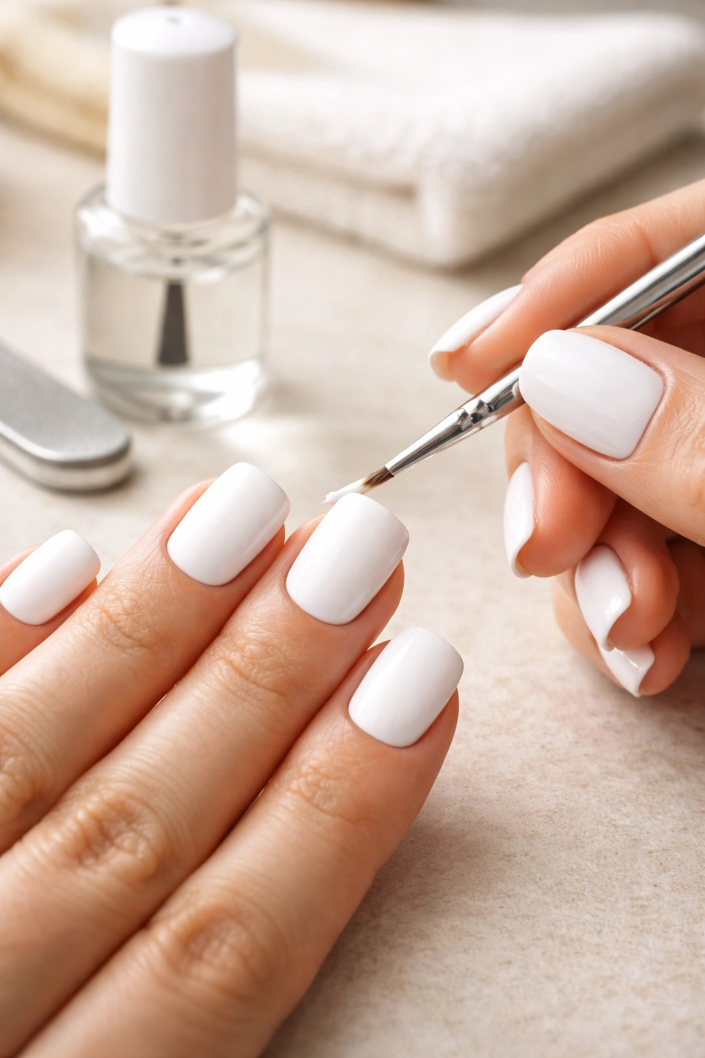 Close-up of hands with short white duck nails, chip being touched up beside base coat.
