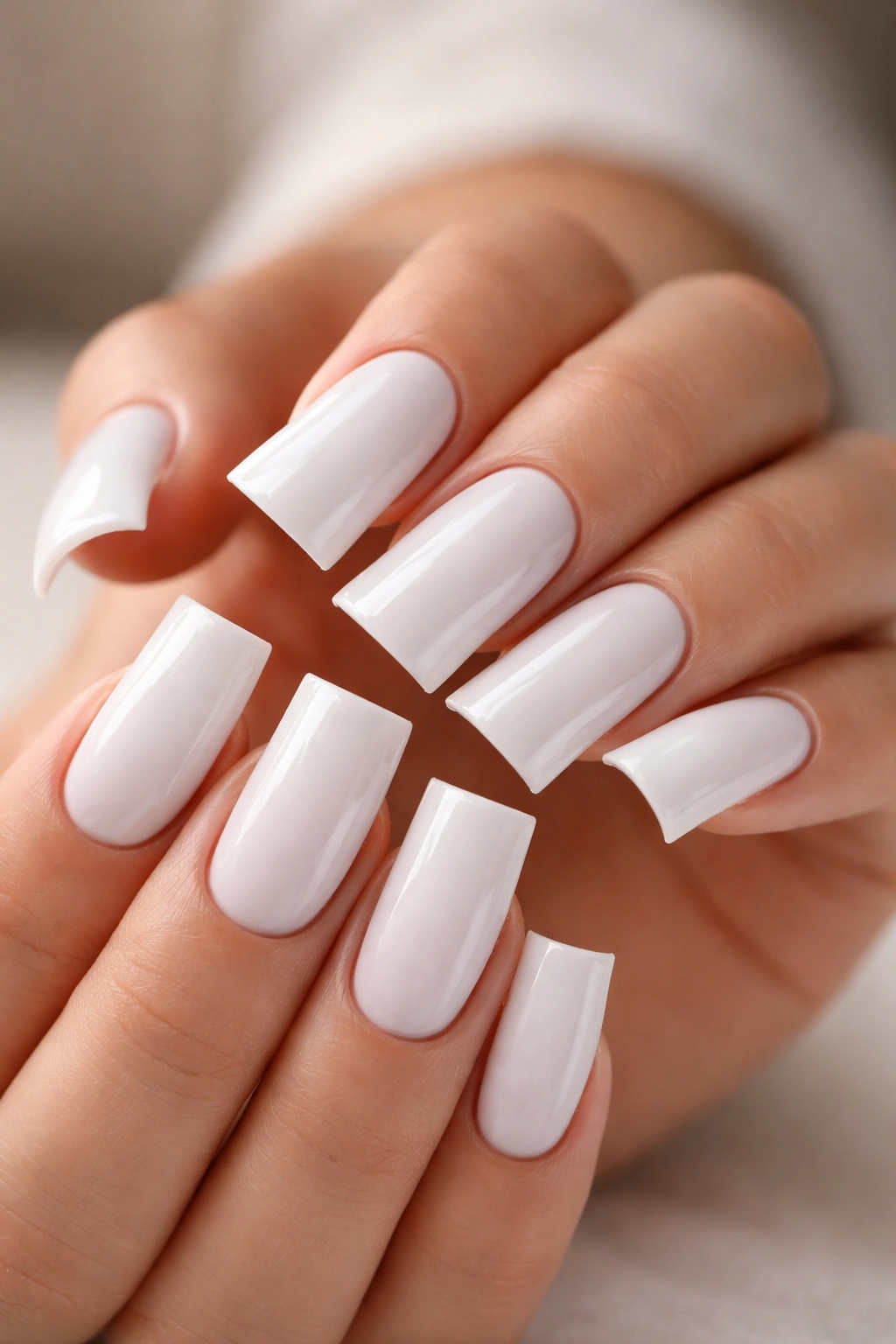 Close-up of white duck nails on fingertips with glossy finish against a neutral backdrop