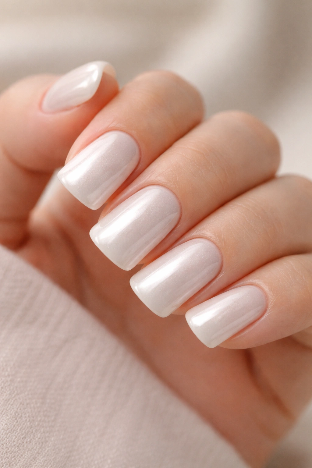 Close-up of white duck nails with pearl finish and soft glow