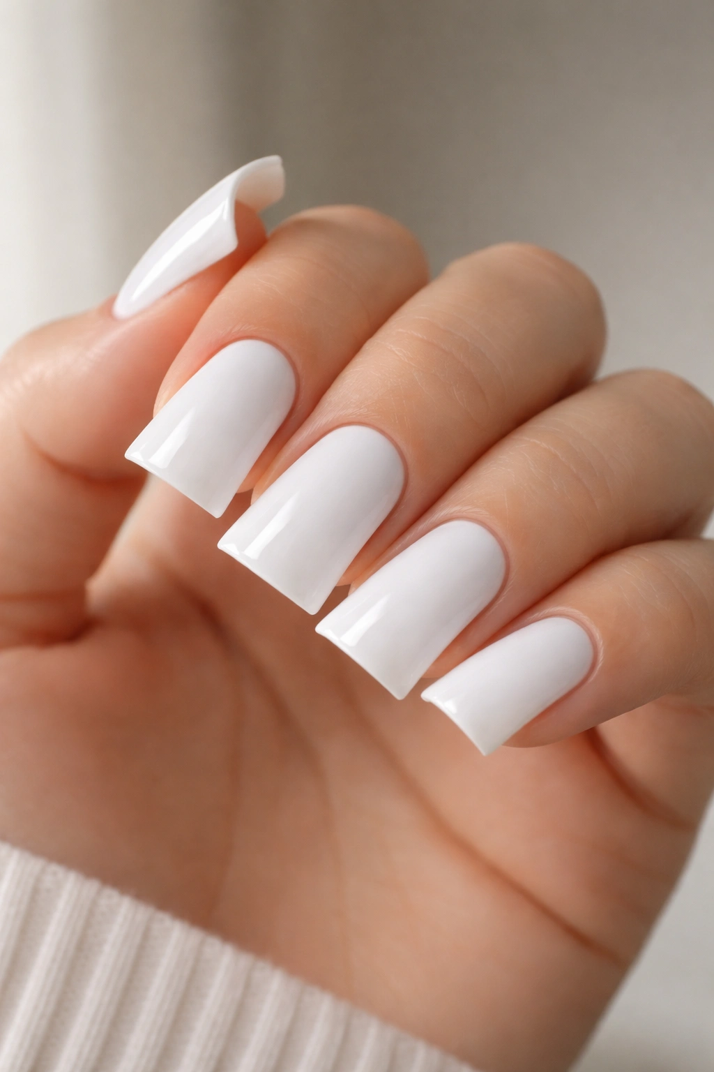 Close-up of short white duck nails with widened tips and crisp edges