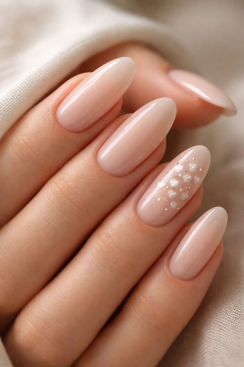 Close-up of long oval nails with tiny white petal florals on nude base