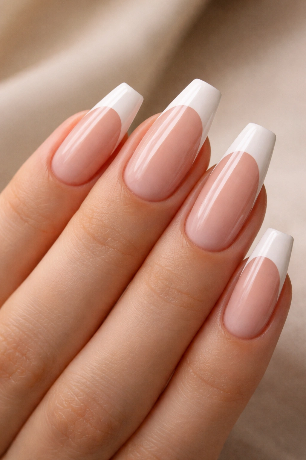 Close-up of medium-length ballerina nails with slim white tips on a pale pink base