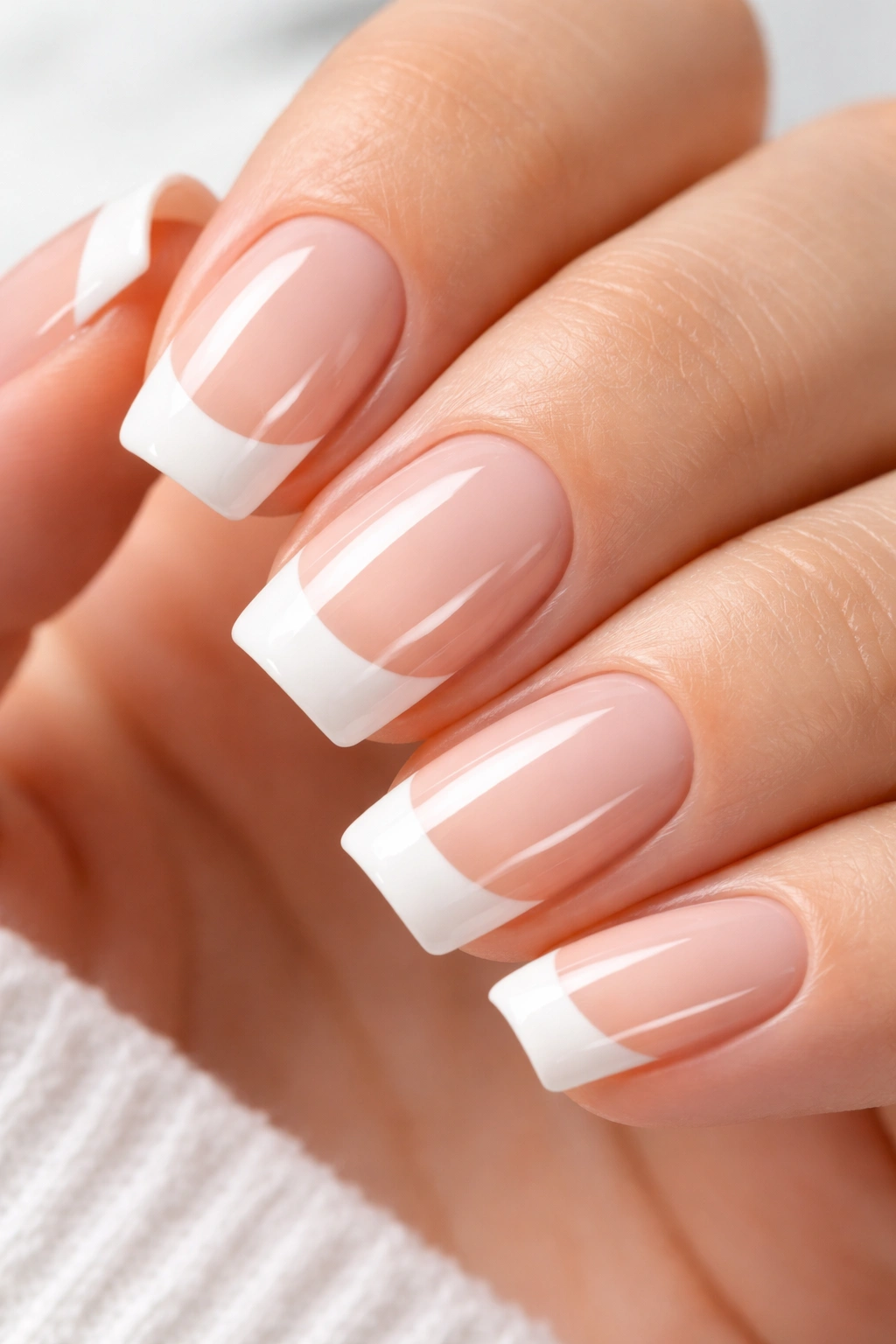 Close-up of short squoval nails with pure white tips and high-gloss top coat