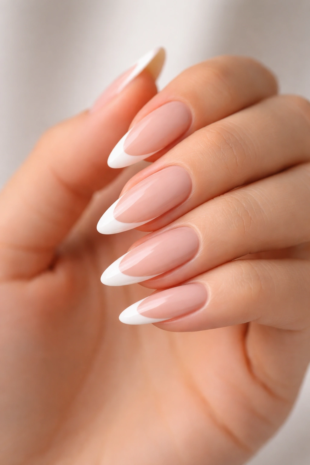 Long almond nails with a slim white French line on a glossy nude base.