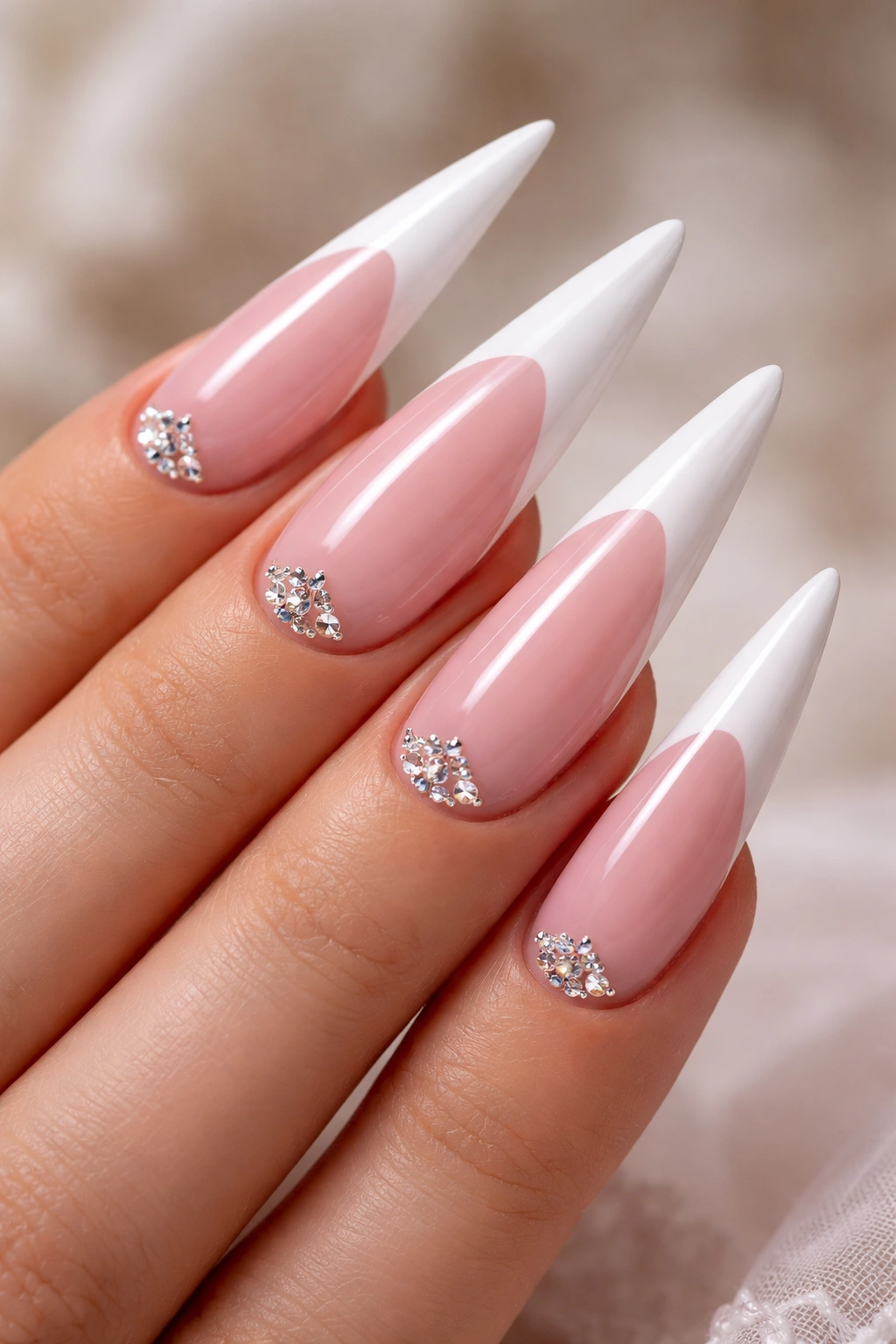 Pink base stiletto nails with white French tips and rhinestones