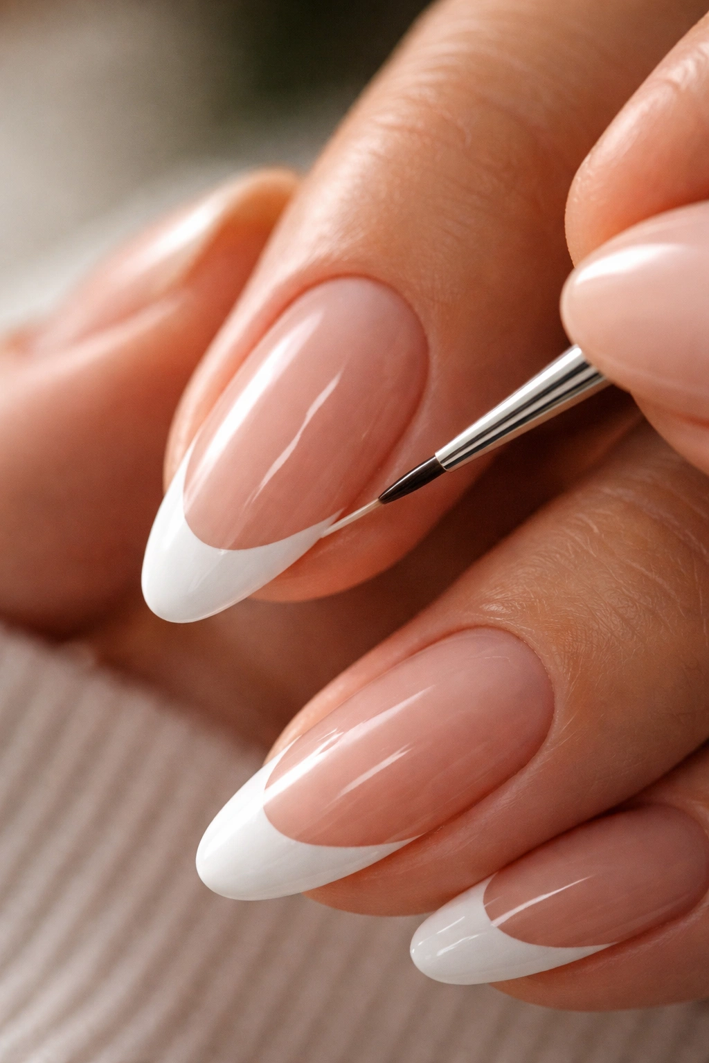 Nails being painted with a clean white French tip