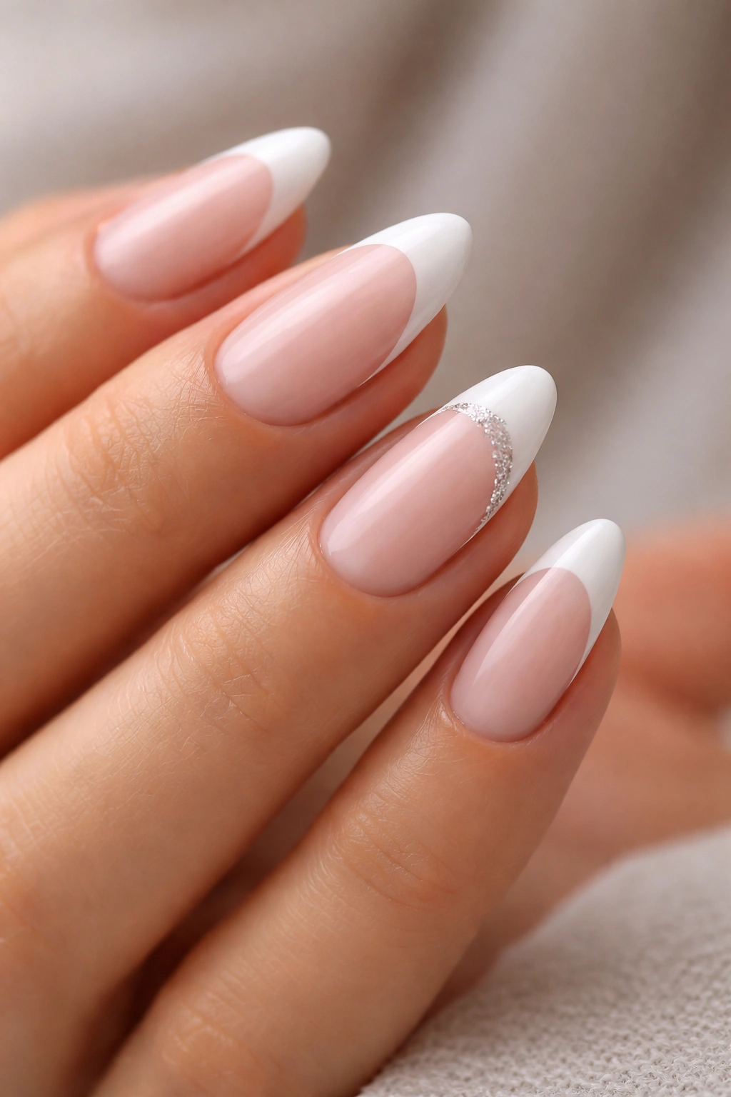 Close-up of almond nails with white tips and a glitter-accented nail