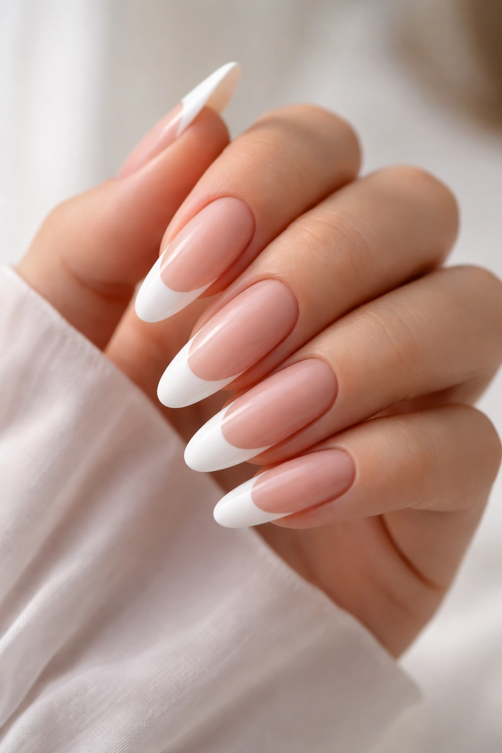 White French tips on extra-long oval nails with sheer base