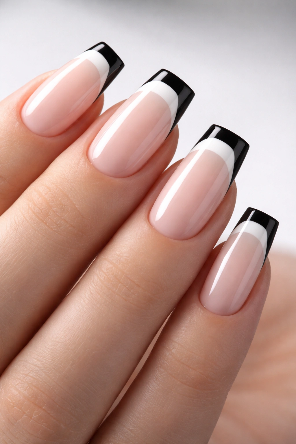 Close-up of square nails with nude base and black tips in a minimalist white French manicure