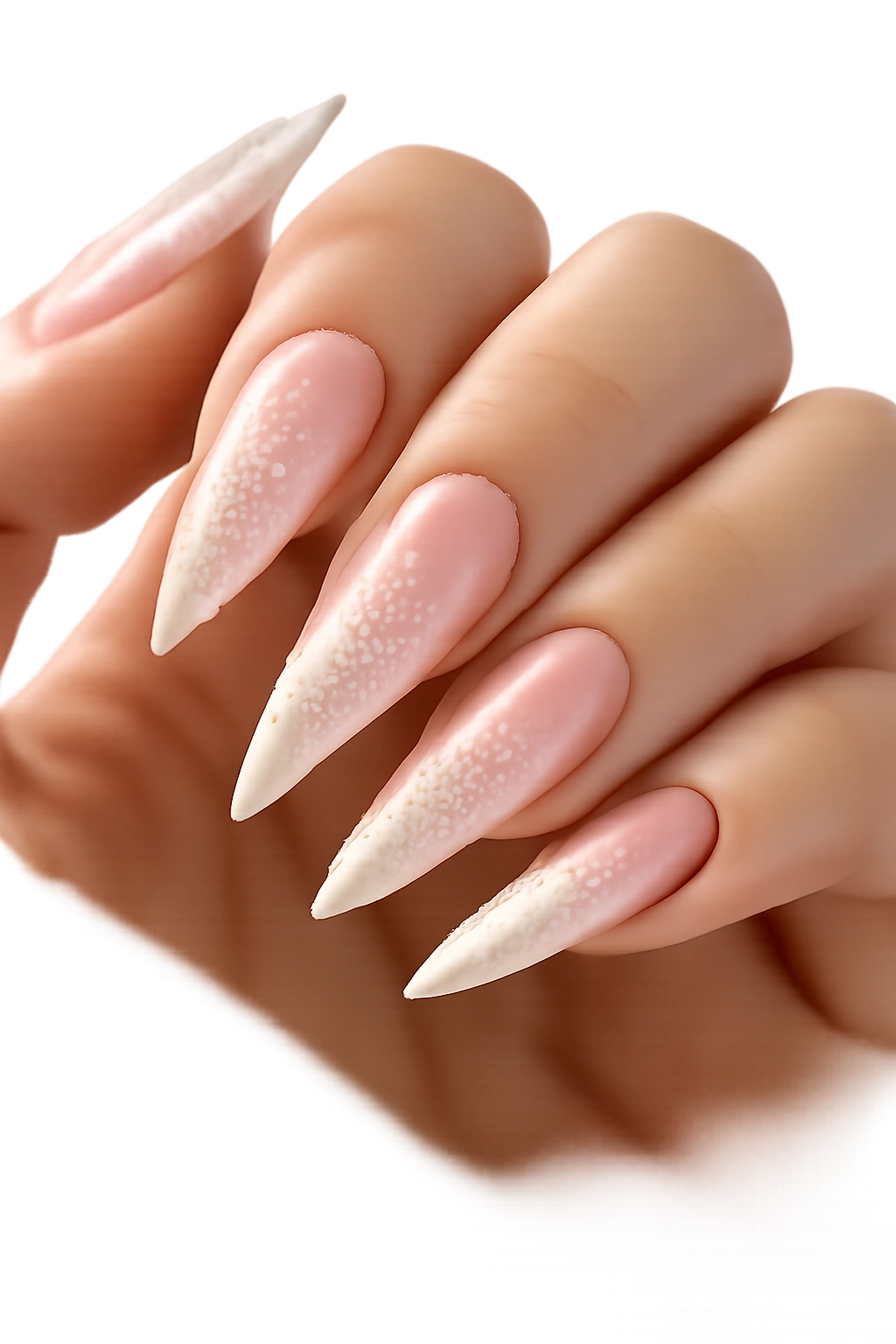 Nude translucent nails with white glitter across the surface