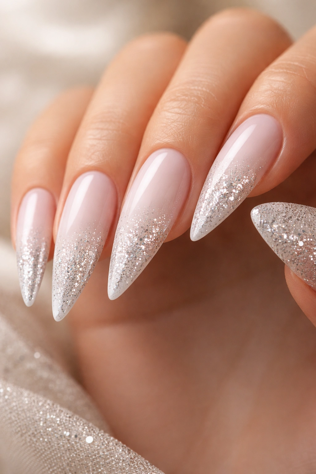 Close-up of stiletto nails with white base and glitter gradient tips