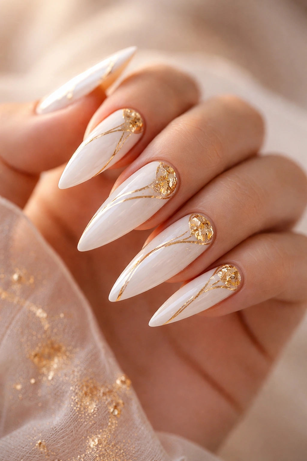 White stiletto nails with delicate gold lines and foil detailing