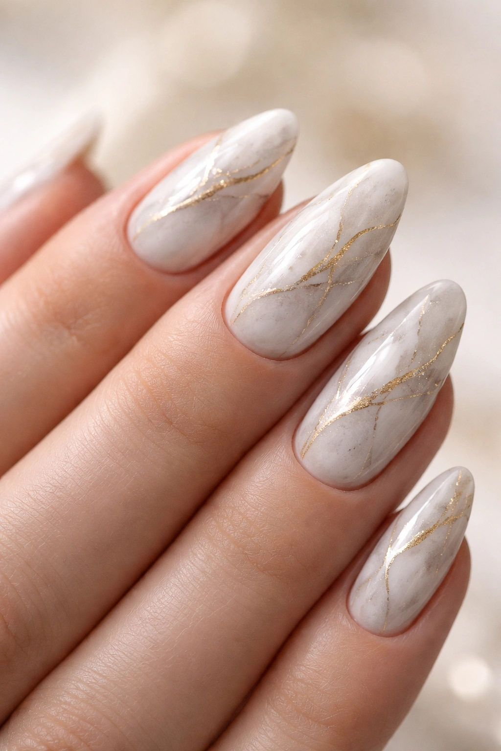 Milky white almond nails with soft gray and gold marble veining.