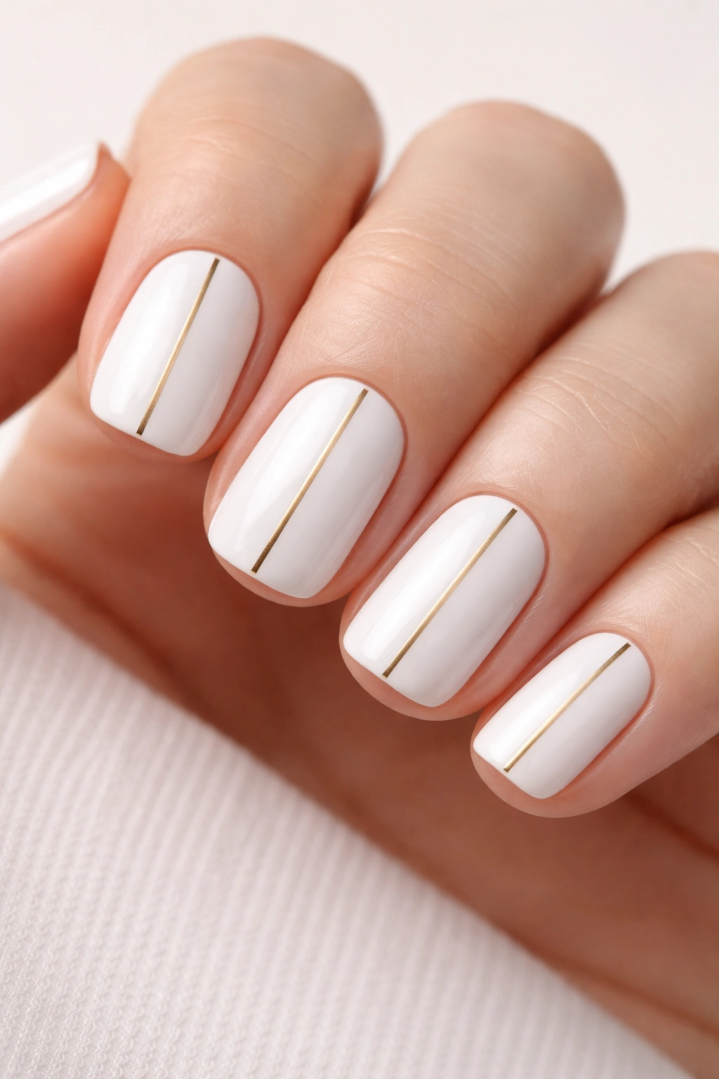 Close-up of short squoval nails with white base and thin gold stripe down center