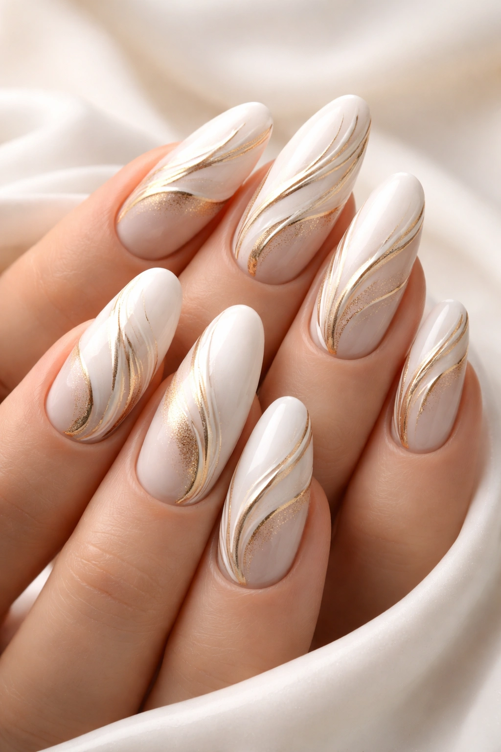 Nails with white and gold swirling pattern