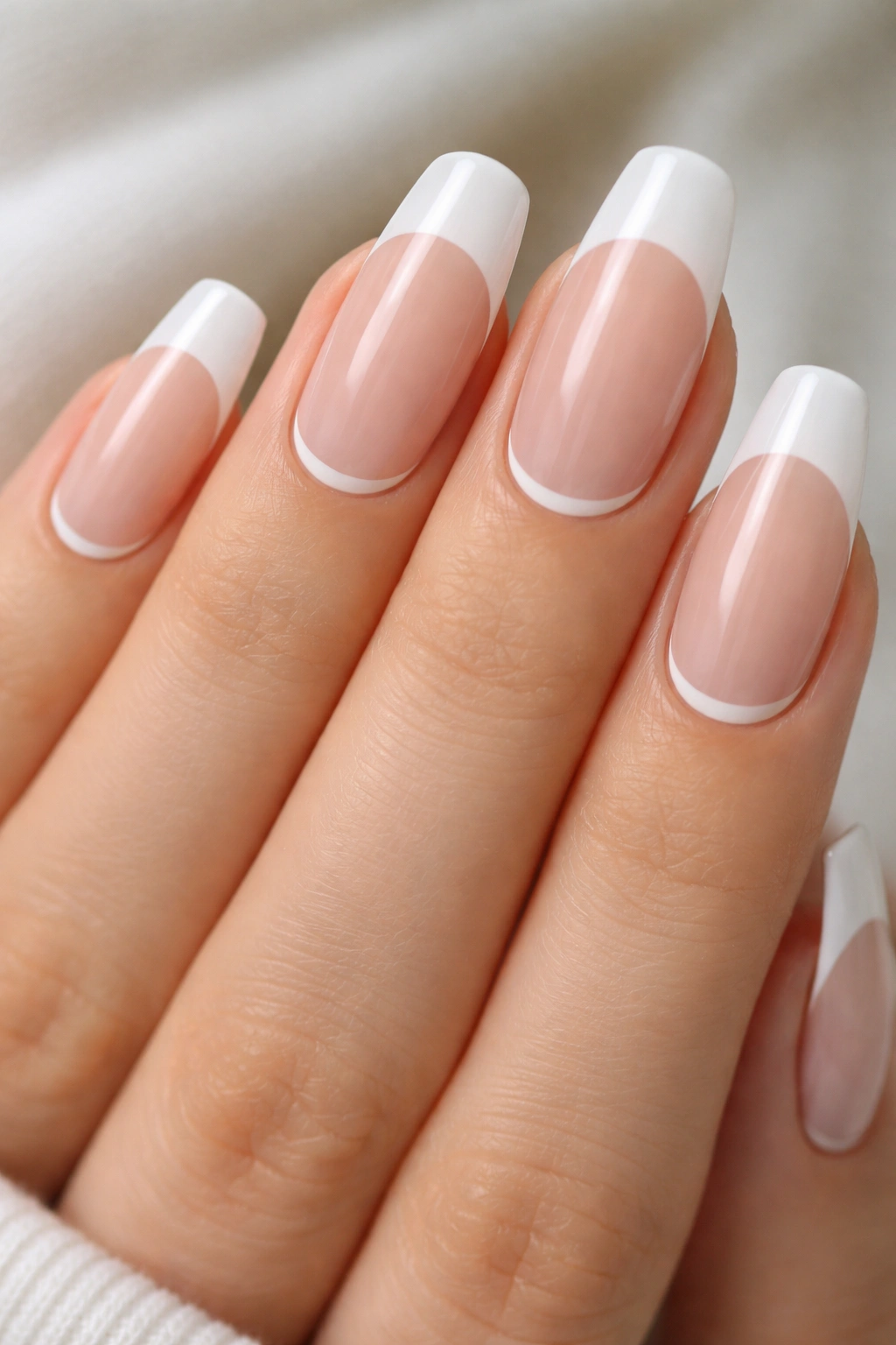 Close-up of white half-moon at cuticle on nude base nails