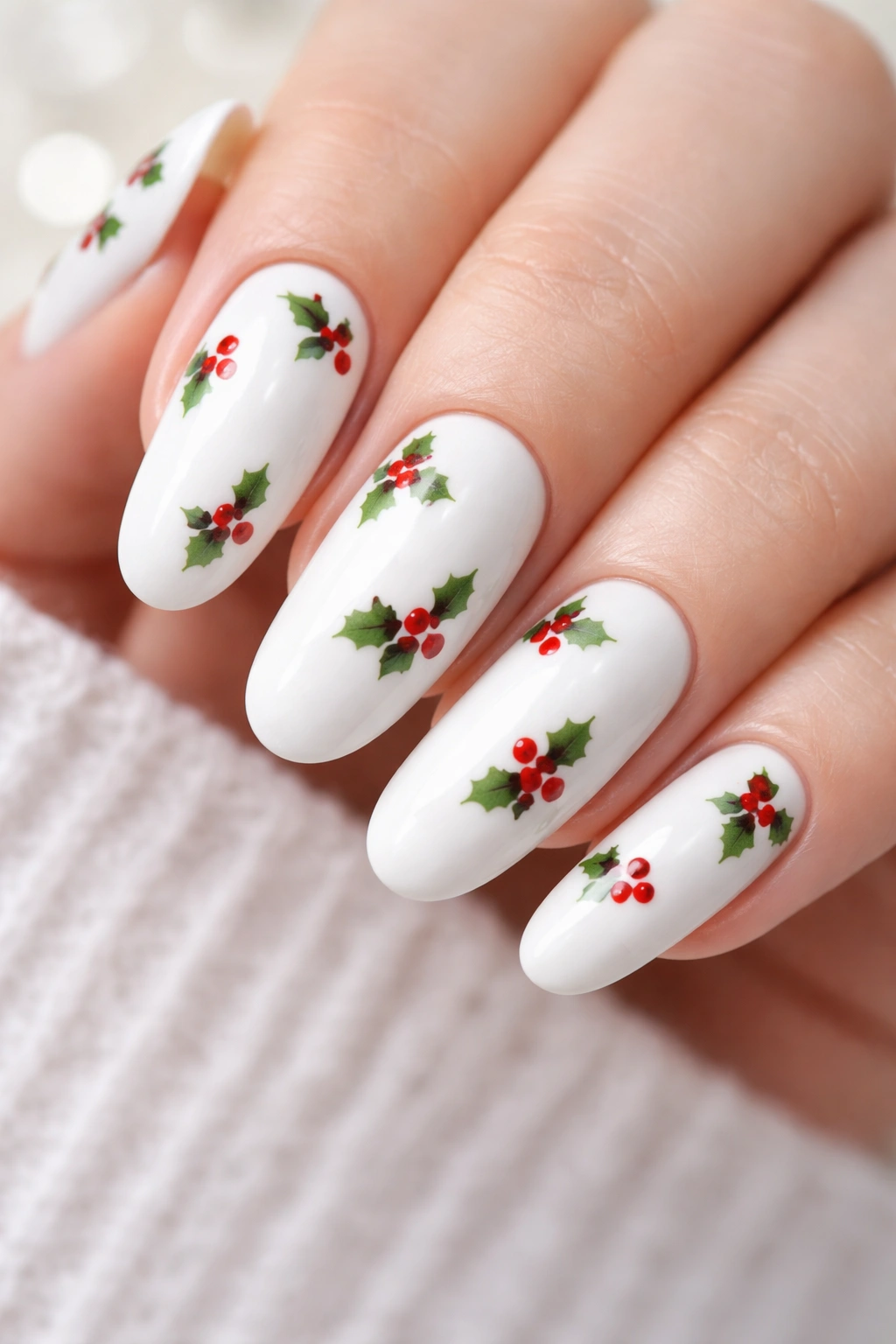 White base nails with scattered holly berry details on long round nails.