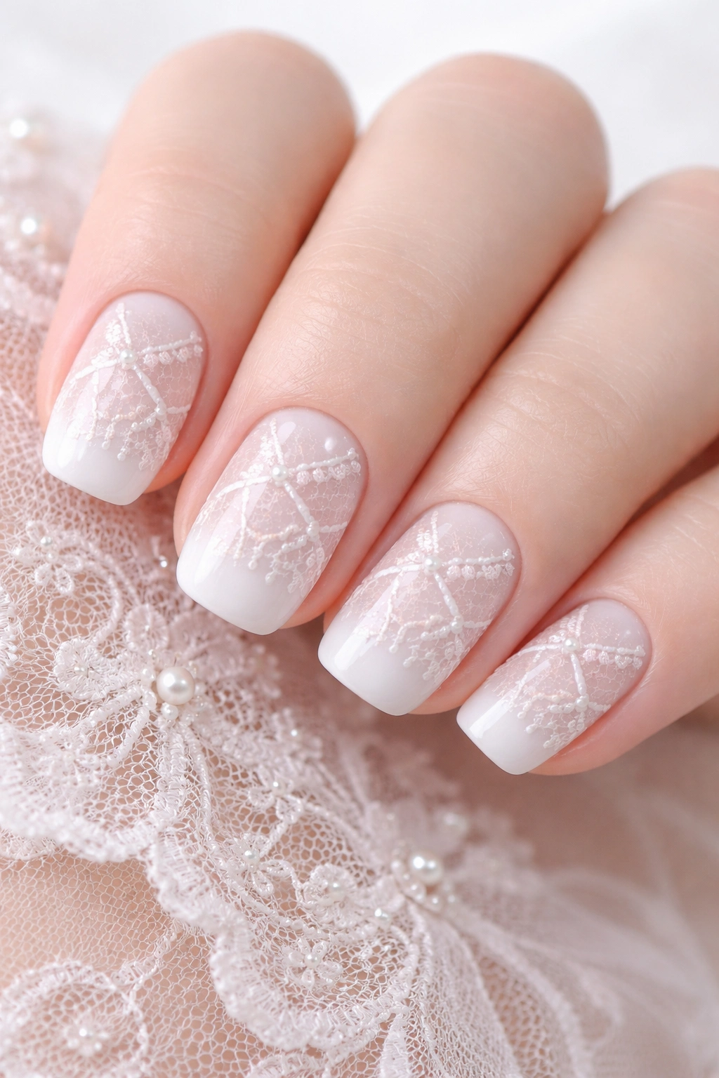 Close-up of white nails with pale pink lace patterns and pearls