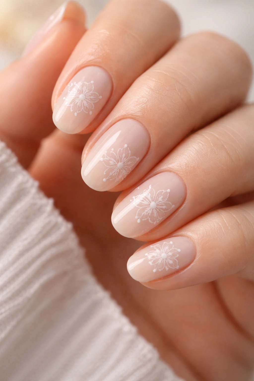 Milky nude nails with delicate white line-art blossoms