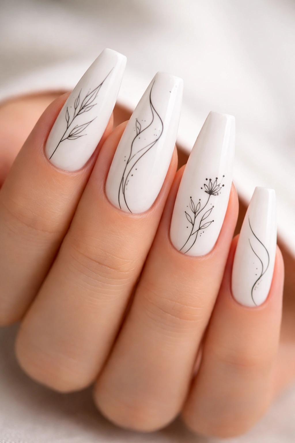 White coffin nails with fine black line art on neutral background