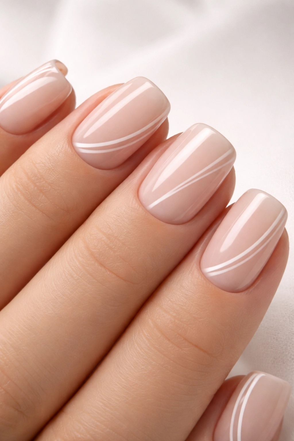 Close-up of minimalist white line squoval nails on a nude base