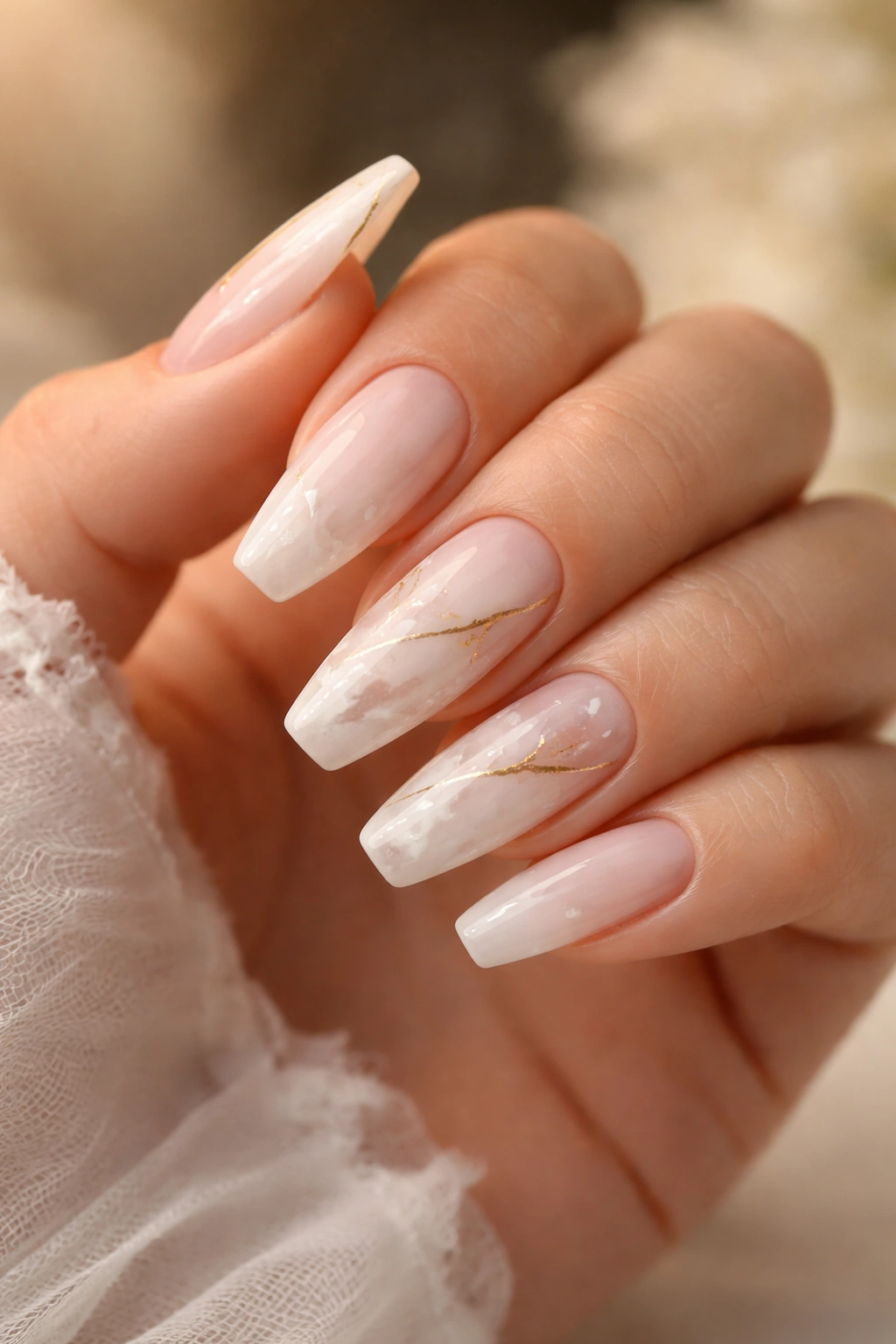 Close-up of white marble nails with gold veins on a hand