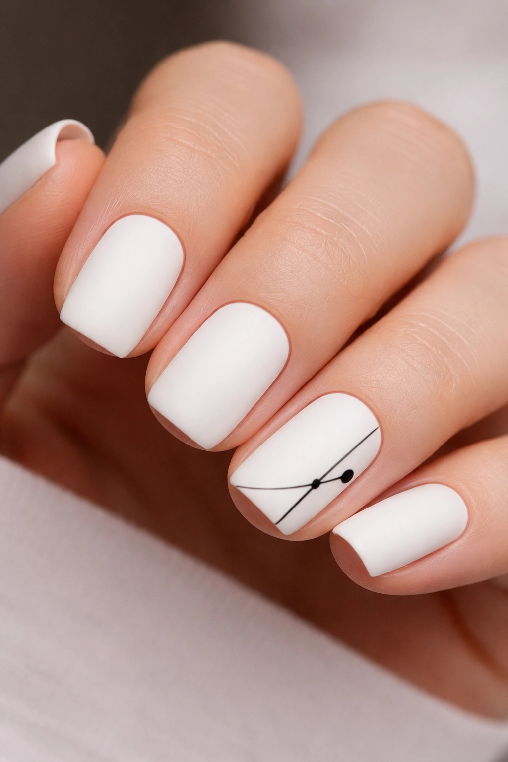 Stark white matte nails with a minimalist black accent on short squoval nails