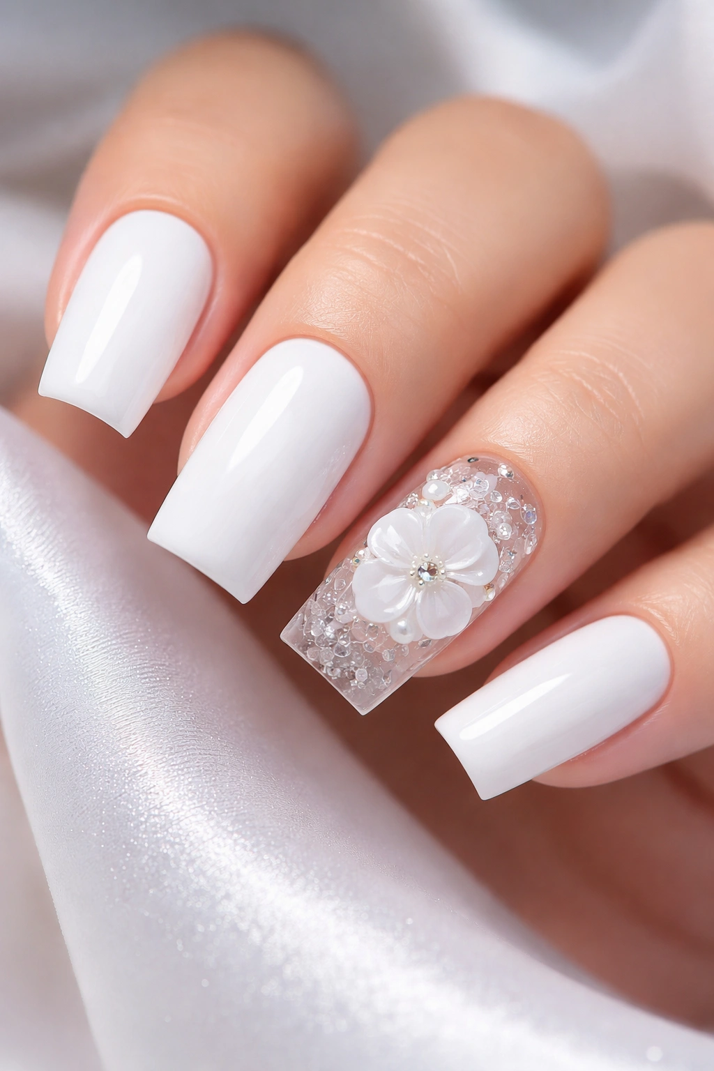 White square nails with a 3D flower accent on one nail
