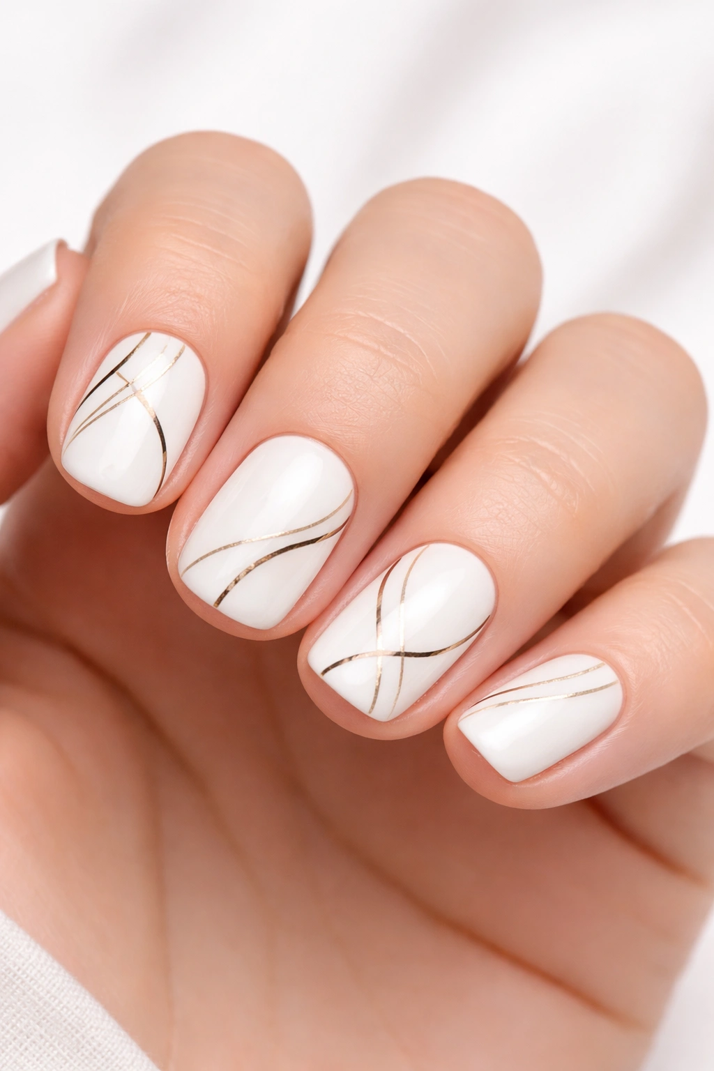 White base nails with minimalist abstract art on short nails.