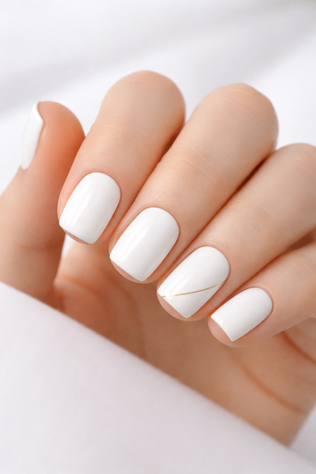 Close-up of white nails with a single accent line on short nails