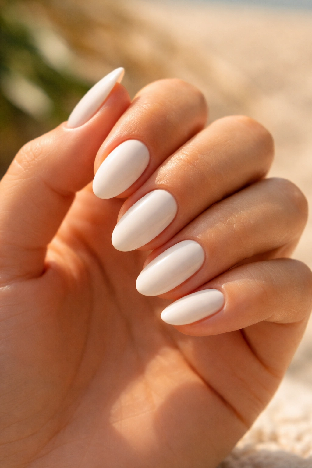 Close-up of off-white cream nails on a short almond shape