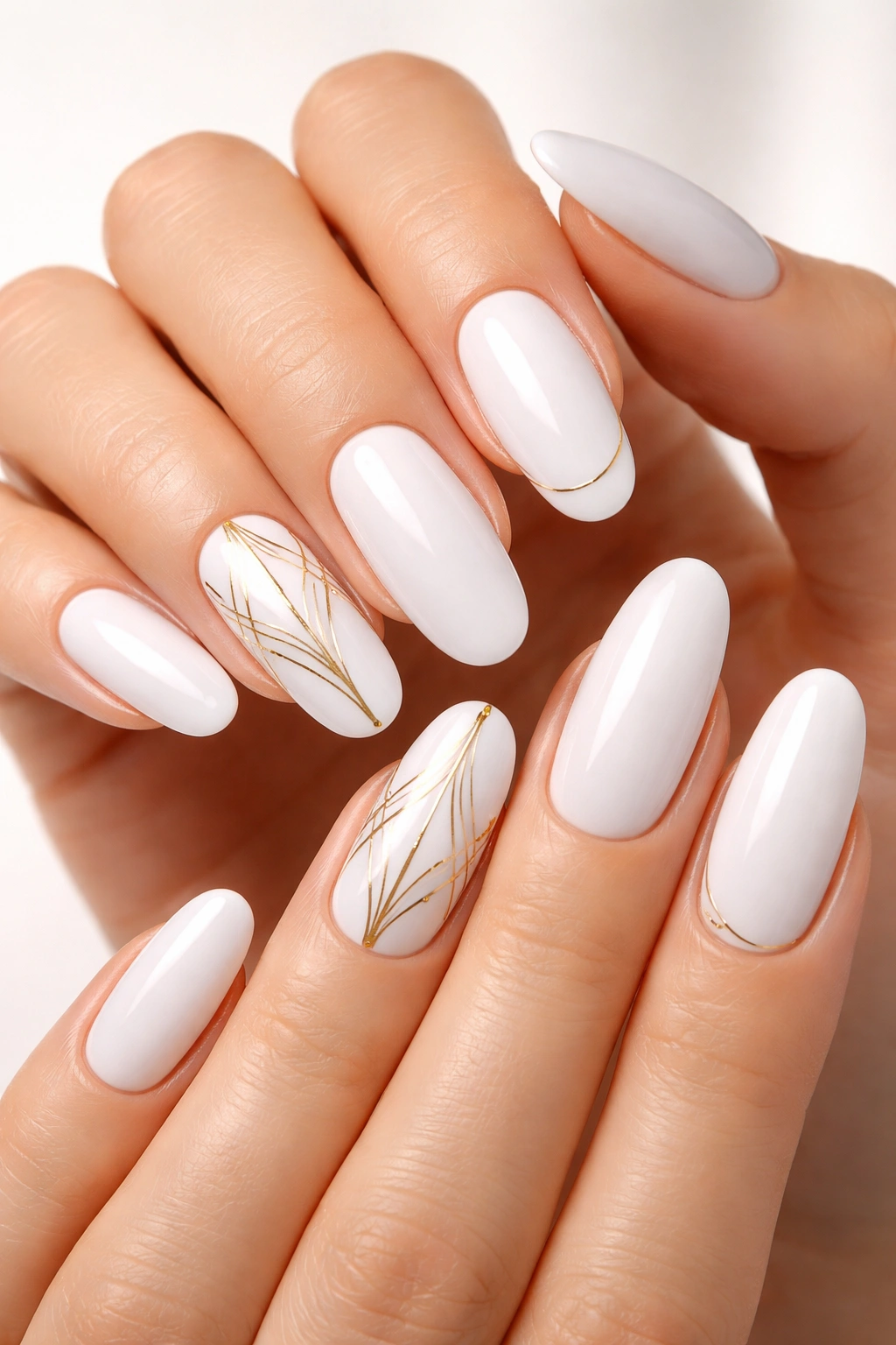 White nails with subtle gold art deco detailing