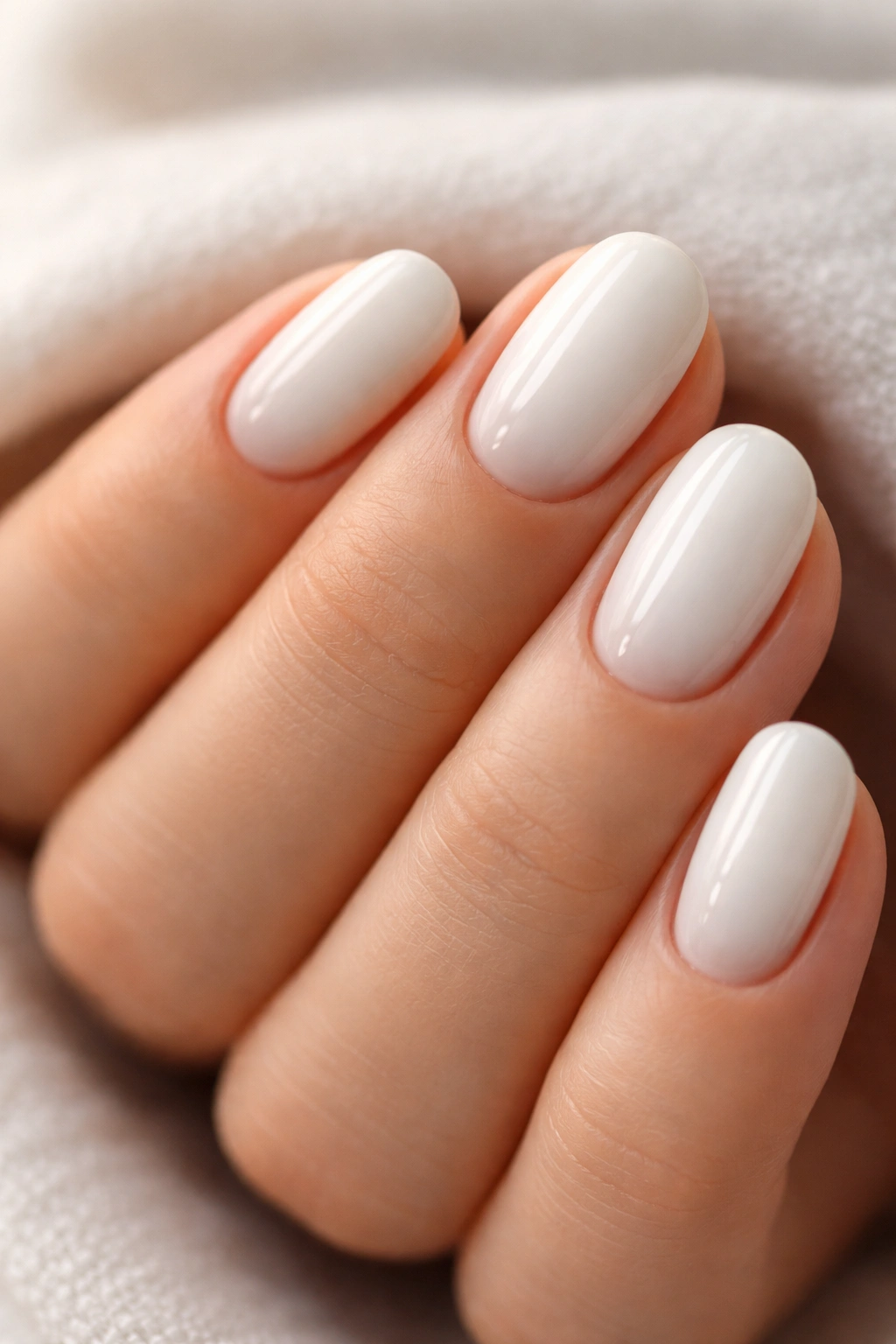 Close-up of white nails with soft beige cuticle shadow