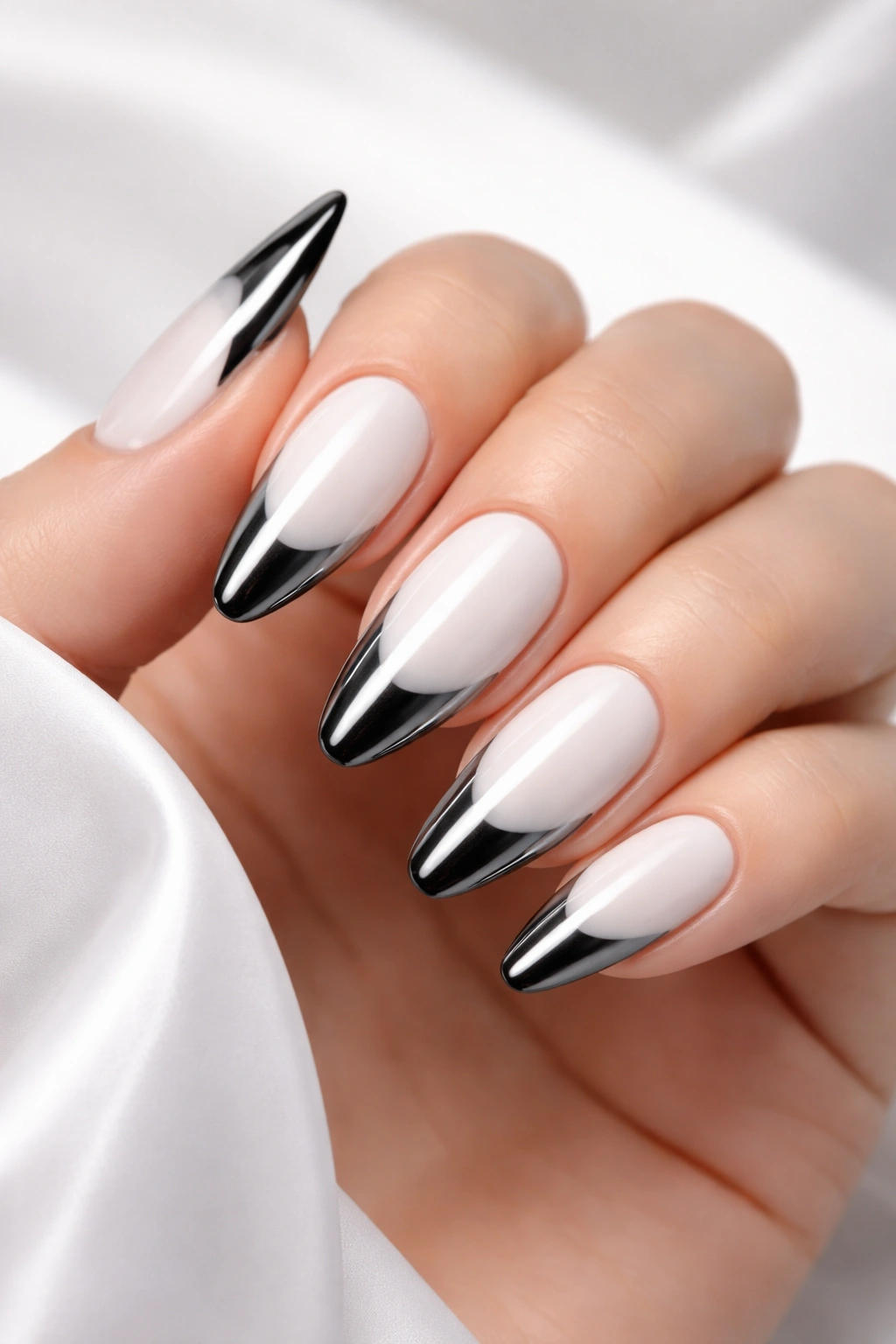 White nails with black chrome French tips