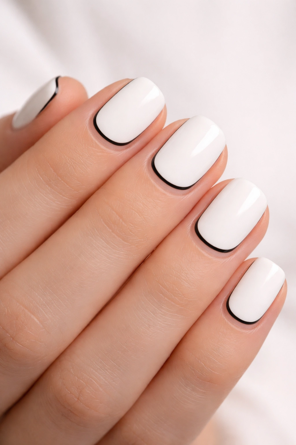 Close-up of white nails with a thin black base line