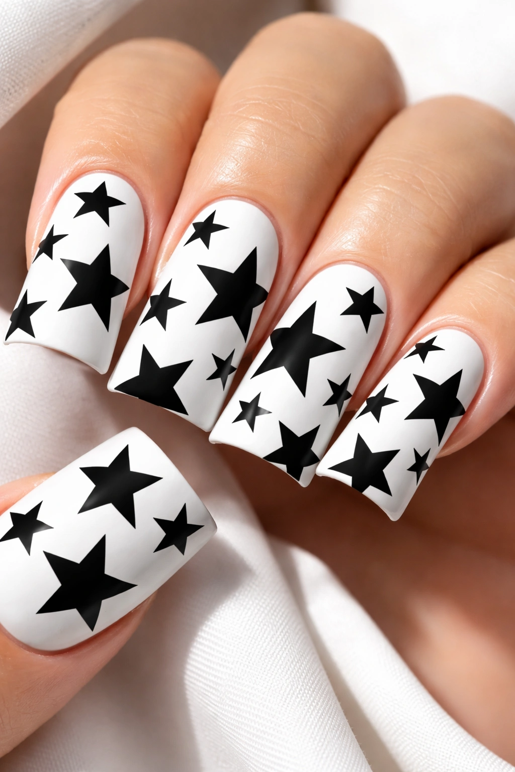 Duck nails with black stars on white base.