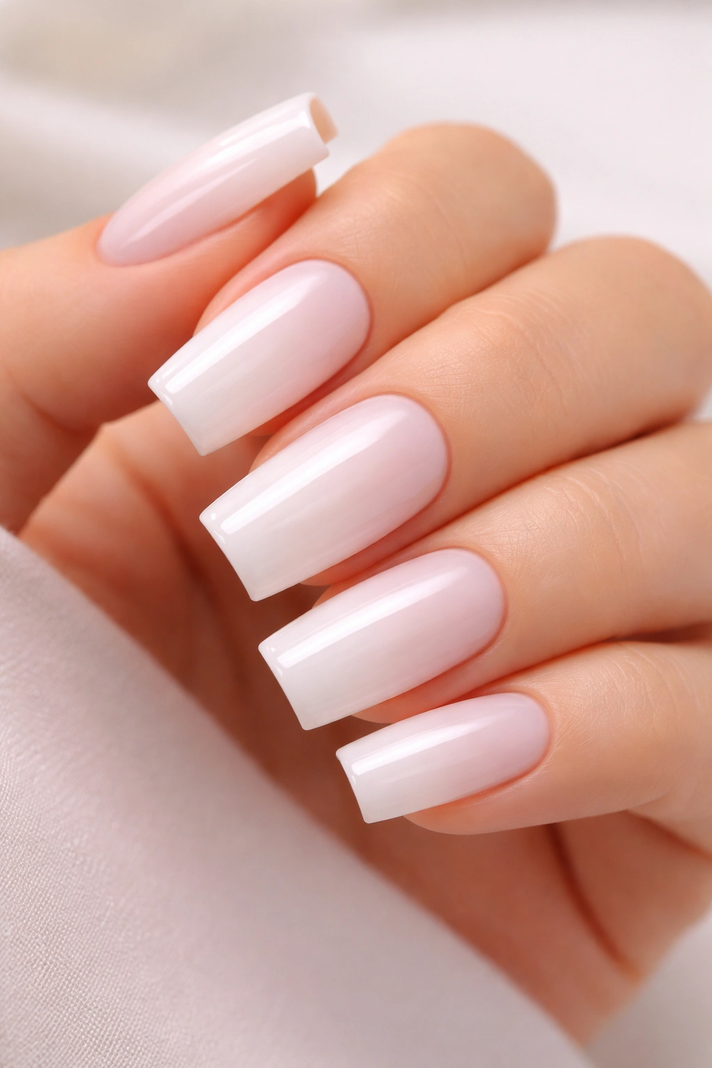 Close-up of white square nails with subtle blush undertone on hand