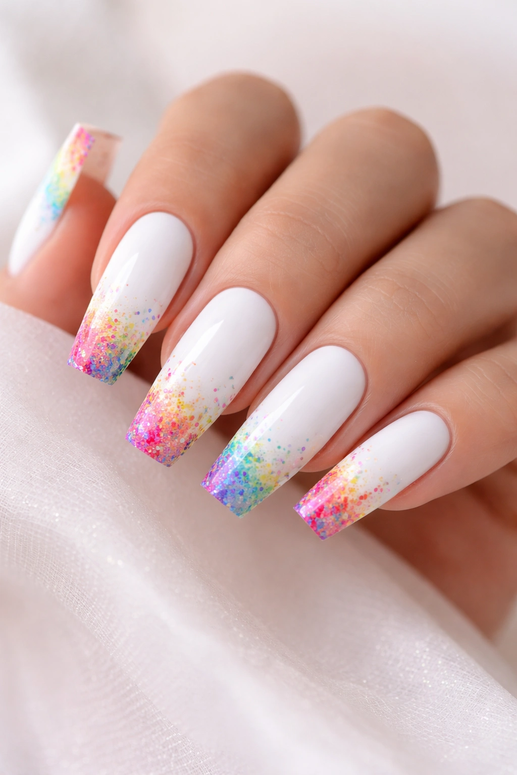 Close-up of white coffin nails with rainbow confetti tips in a dip-dye gradient