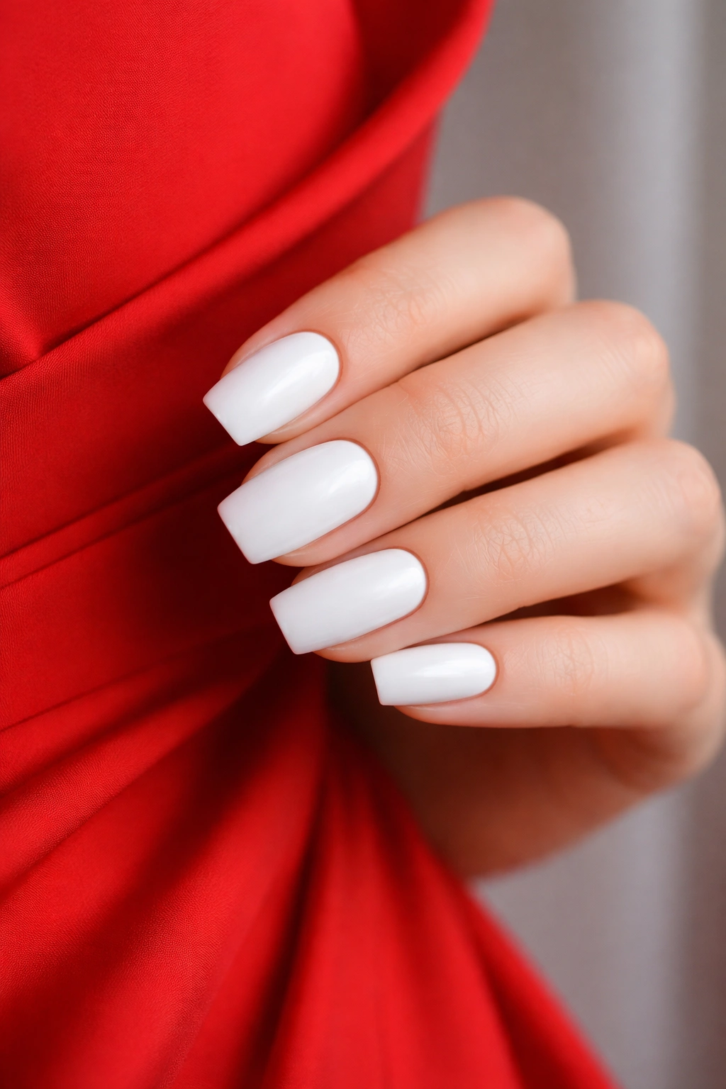 Hand with white nails against red dress background