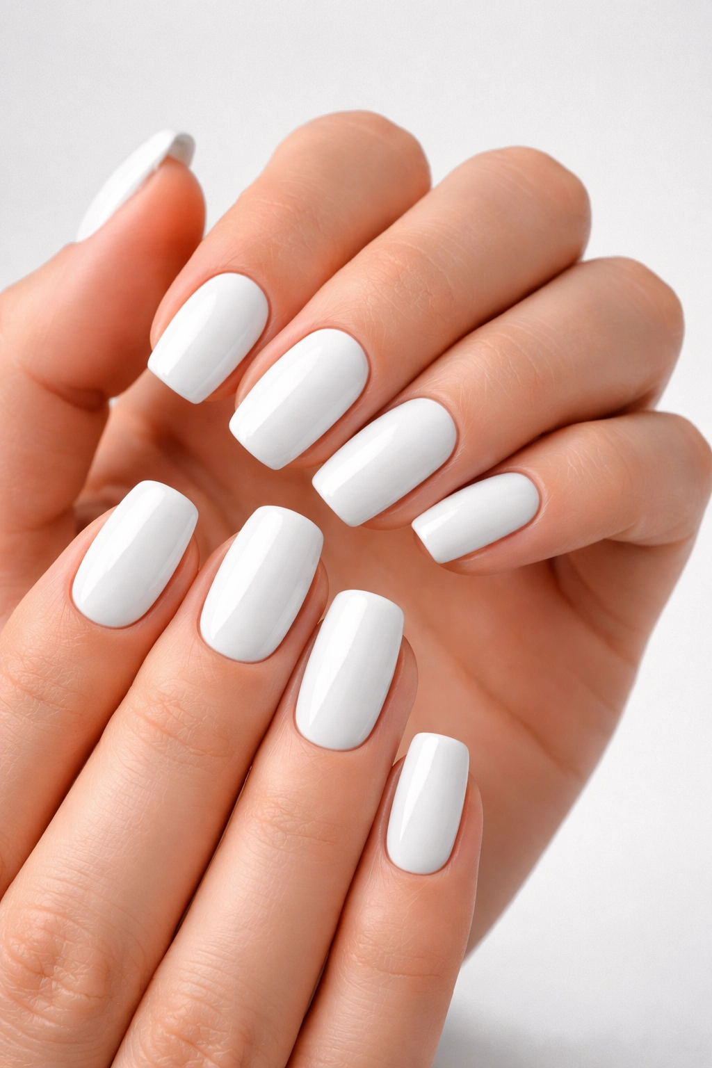 Close-up of crisp white nails with a bright, clean finish
