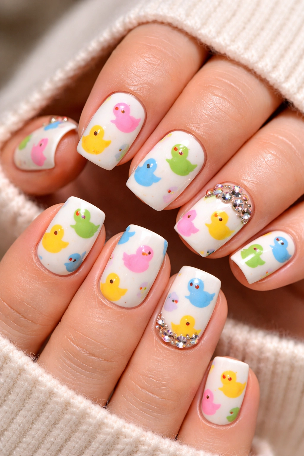 Close-up of white nails with multi-colored duck pattern and rhinestones