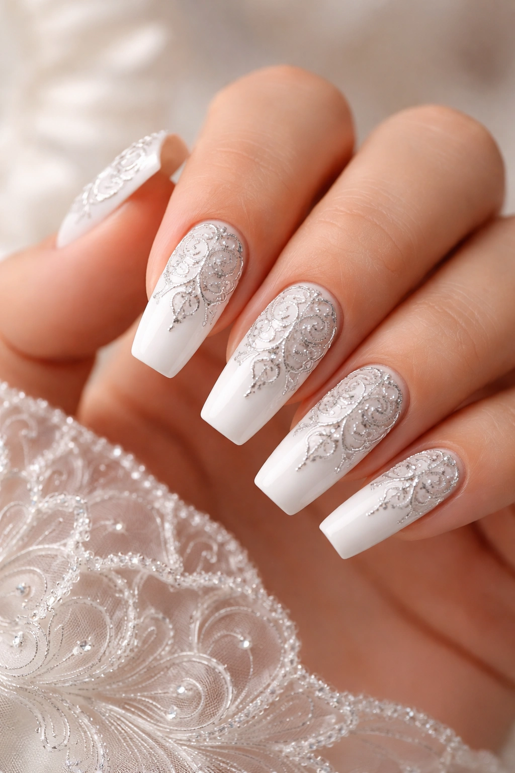 Close-up of white nails with delicate silver filigree on a bare hand