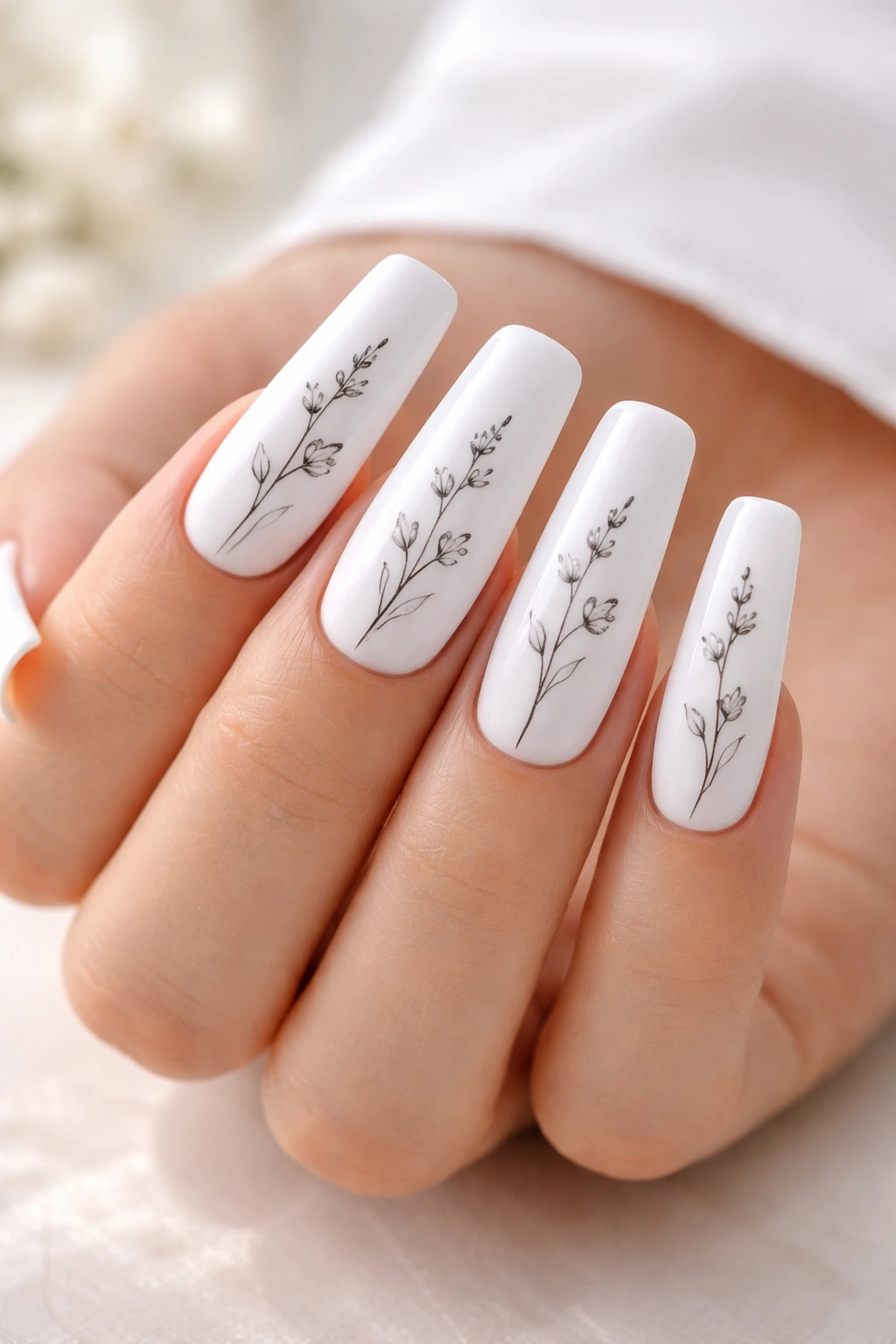 Close-up of white duck nails with delicate floral line art on a hand